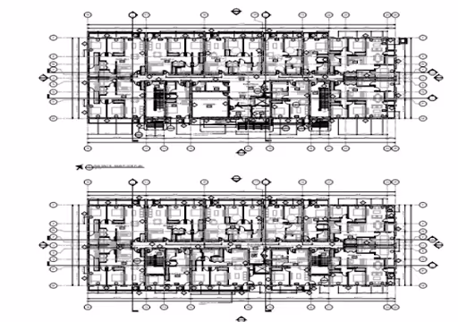 Architectural floor plans for two building levels showing room layouts and structural details.