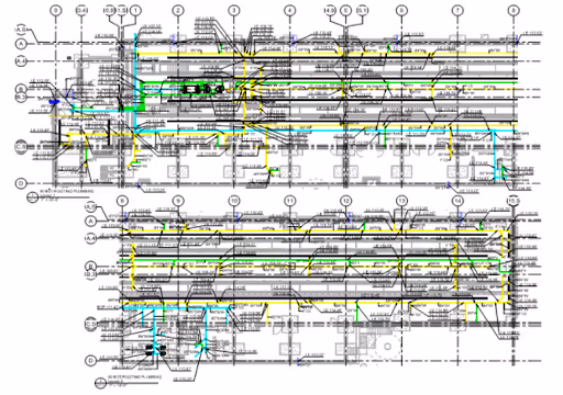Detailed engineering blueprint with multiple technical annotations and colored highlight lines.