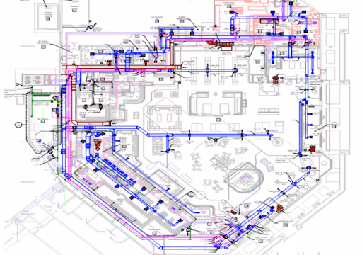 Detailed architectural floor plan with blue, red, green, and pink lines indicating piping and electrical layouts.
