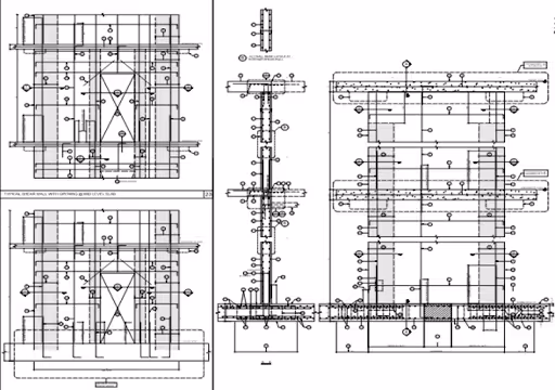 Technical structural engineering drawings with detailed schematics of beams, slabs, and columns.