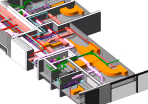 3D architectural model showing building ductwork and piping in various colors for mechanical systems.