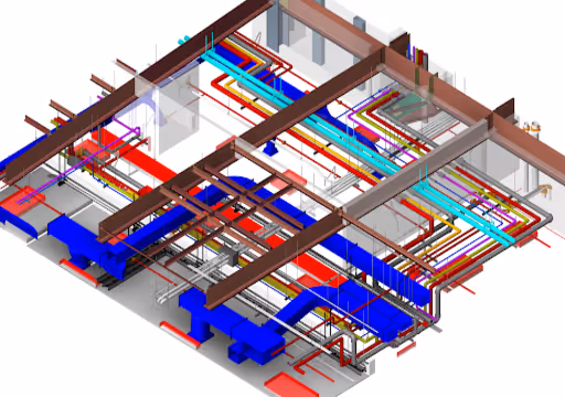 3D model of a building’s mechanical ductwork and piping system with beams and conduits.