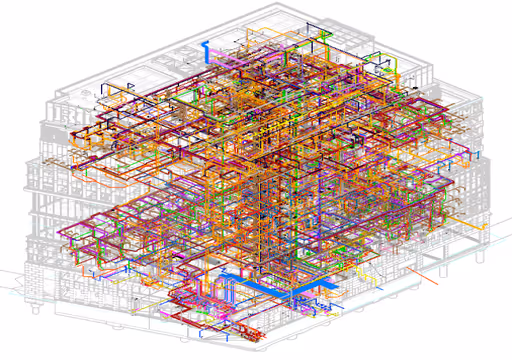 3D building model with complex multicolored piping and structural frameworks.
