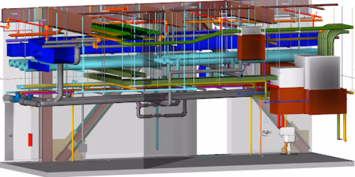 3D model of complex building mechanical and plumbing systems with colorful pipes and ducts.