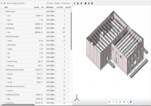 3D building model on right with structural details and material quantity list on left in software interface.