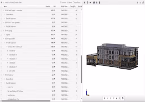 3D building model on right with a construction material list and details table on the left in software interface.
