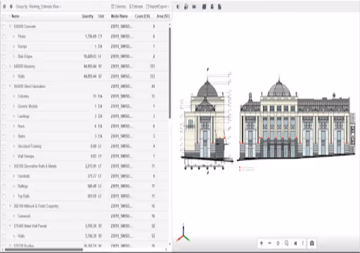 Software interface showing building model and material quantities with columns, walls, and concrete listed.