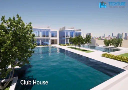 Modern clubhouse with large glass windows and reflecting pool, trees, and city skyline in background.