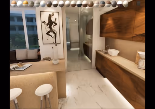 Modern kitchen with wooden cabinets, marble floor, breakfast bar with stools, and framed artwork on wall.
