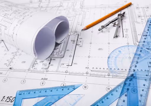 Architectural blueprints with a pencil, compass, and transparent blue rulers and protractor.