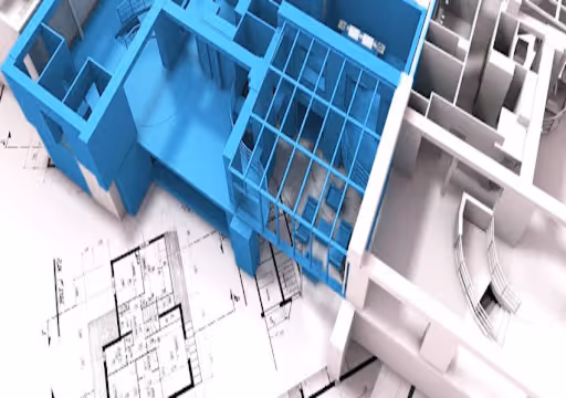 3D architectural model in blue and white on top of detailed floor plans and blueprints.