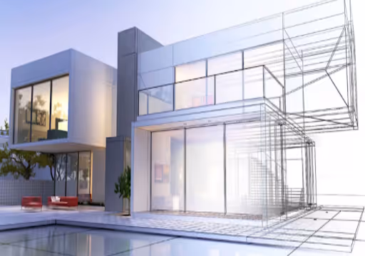 Modern house design blending a 3D model and wireframe architectural rendering.