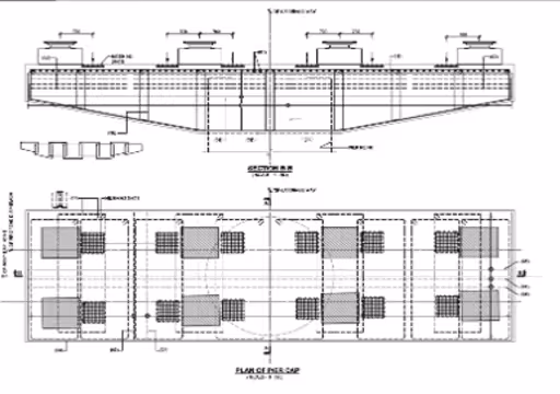 Technical blueprint showing plan and cross-section views of a pier cap with detailed measurements.