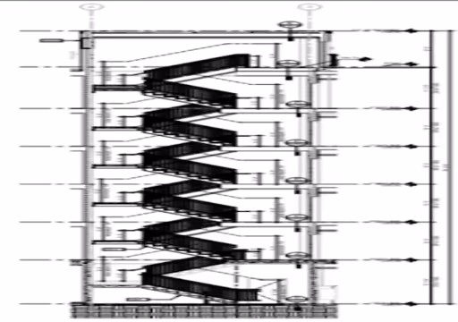 Architectural drawing of a multi-level staircase with landings between floors.
