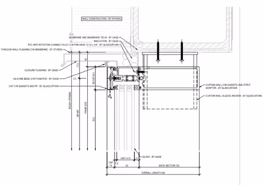 Technical drawing of wall and curtain wall cross-section showing construction details and component labels.