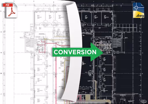 PDF floor plan on left converting into a detailed CAD .dwg architectural blueprint on right.