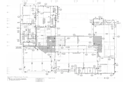 Technical roof framing plan with structural details, dimensions, and annotations in black and white.