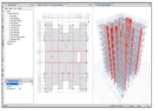 Engineering software interface showing 2D floor plan on left and 3D building model on right.
