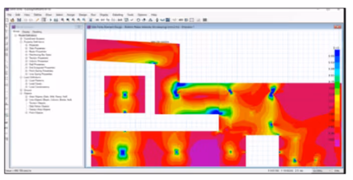 Software interface showing a colorful heatmap with contour zones and side panel menus for engineering analysis.