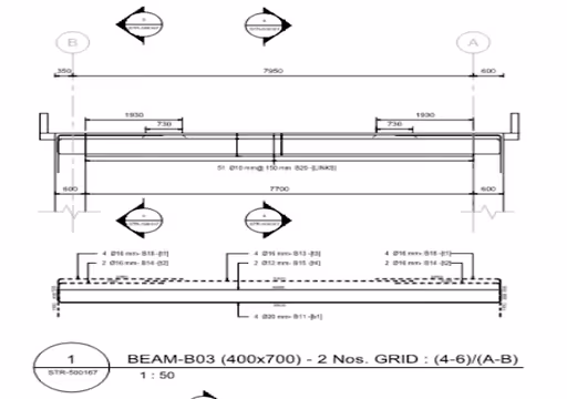 Technical drawing of beam B03 (400x700) with dimensions and grid indicators A-B and 1-2 scale 1:50.