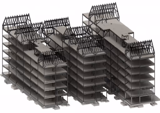 3D model of a multi-story steel-framed building under construction with exposed floors and roof trusses.