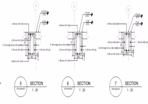 Three technical section drawings labeled 5, 6, and 7 showing detailed dimensions and specifications.
