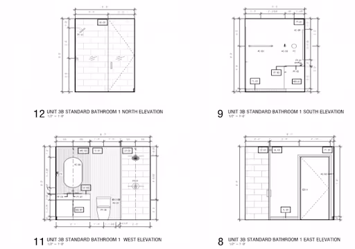 Architectural elevations of bathroom unit 3B showing north, south, west, and east views with measurements.