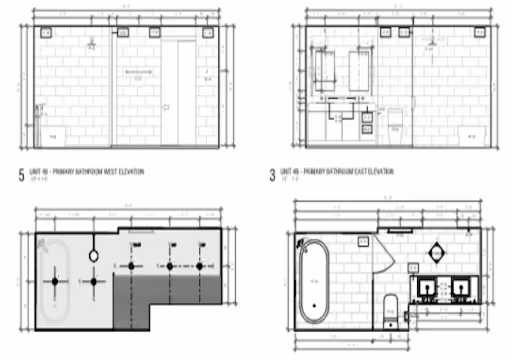 Architectural plan drawings showing elevations and floor plan of a primary bathroom with bathtub, sinks, and fixtures.