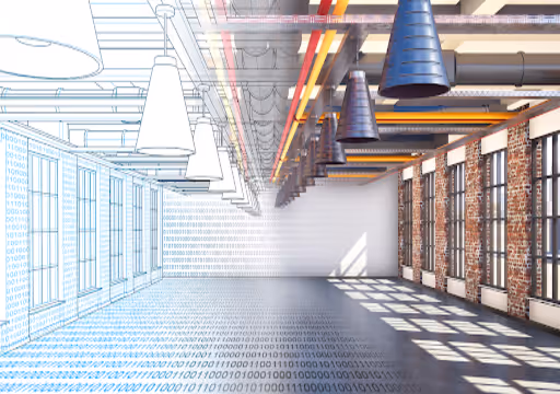 Room transitioning from digital blueprint with binary code to realistic industrial design with windows and ventilation.