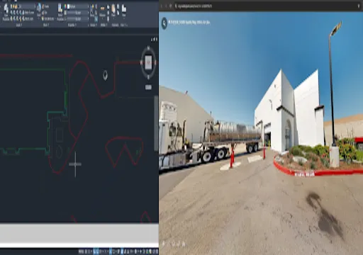 Split screen showing CAD building plan on left and a white industrial building exterior with tanker truck on right.