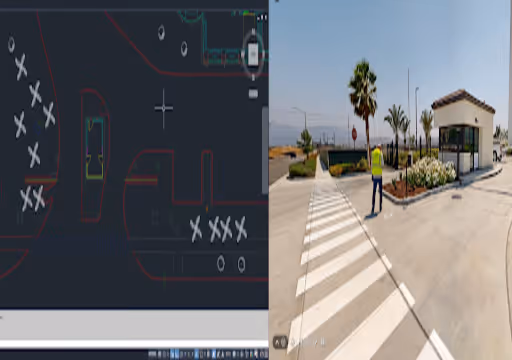 Split image: left side shows a technical drawing with markings; right side shows a person in high-vis clothing on a road.