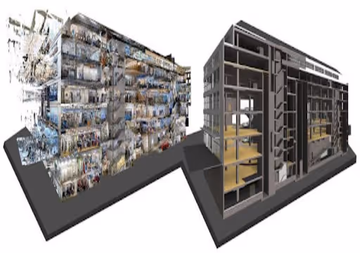 3D architectural models of two multi-story buildings showing detailed interior layouts and structures.