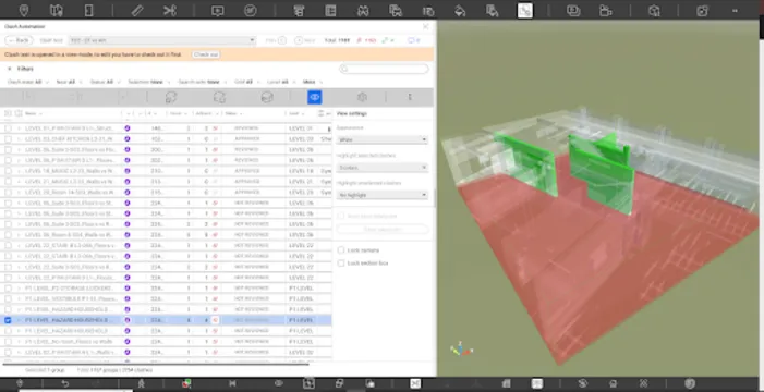 Split screen showing a clash detection table on left and a 3D model with green and red highlighted areas on right.