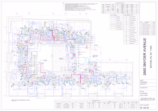 Mechanical layout floor plan with detailed piping and equipment schematics for 2605 Snyder Avenue building.