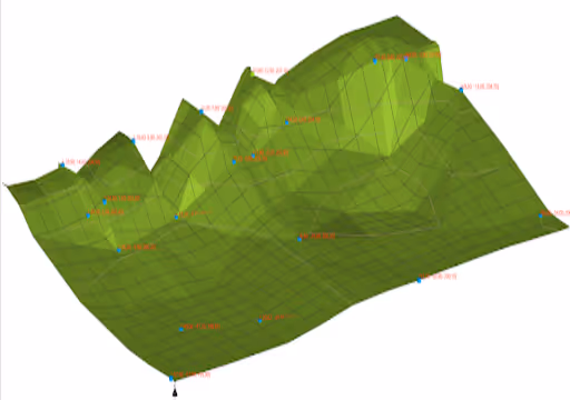 3D green terrain model with grid lines and red and blue elevation markers.