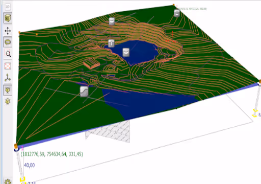 3D terrain model showing contour lines and a water body in the center with tool icons around it.