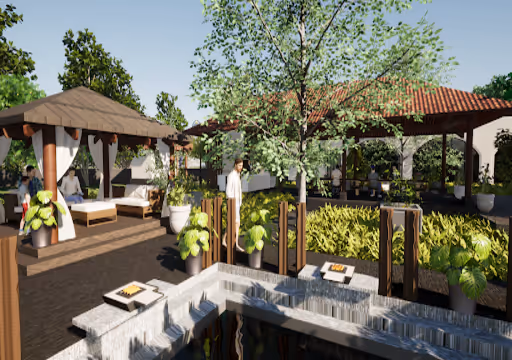Outdoor lounge area with gazebos, seating, greenery, and a water feature under a clear sky.