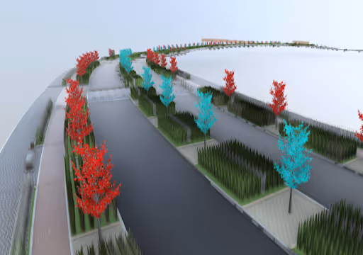 3D model of a street with red and blue trees lining sidewalks and grassy patches between roads.