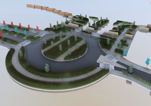 3D model of a roundabout with planted vegetation, pathways, and multicolor trees in an urban setting.