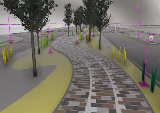 Curved paved pathway with trees and yellow plants alongside a road with streetlights.