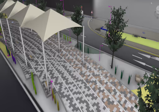 Modern outdoor walkway with geometric patterned tiles, canopy roofs, trees, and adjacent road with traffic arrows.