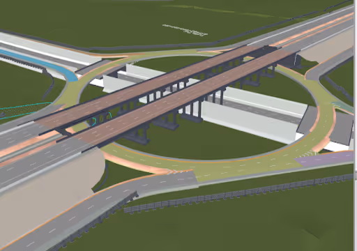 A 3D model of a highway interchange with elevated bridges and a circular ramp below.