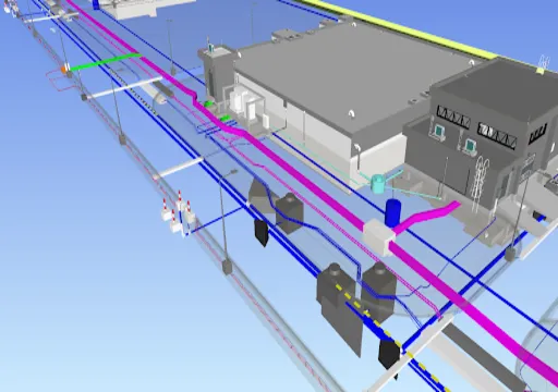 3D schematic of a facility with buildings, pipelines, and equipment layout in blue and pink lines.
