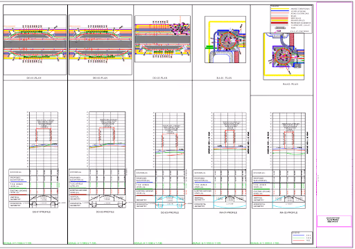 Engineering cross-section and profile plans showing road layouts, utilities, and dimensions in detail.