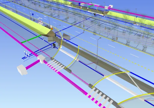 3D model of a highway road with marked lanes, crosswalks, and utility lines in various colors.