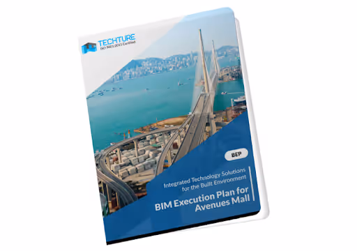 Cover of BIM Execution Plan for Avenues Mall by Techture with a coastal bridge and city view.