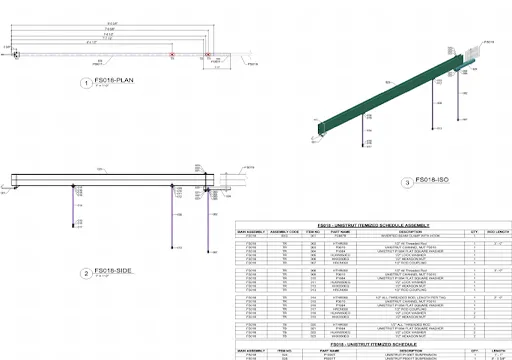 Technical drawing showing plan, side, and isometric views of a structural beam with parts list table.