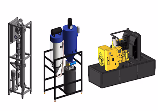 Three industrial machines including tall pump system, blue filtration unit, and yellow generator on black bases.