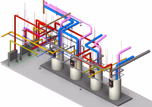 3D model of a pipe system with colored tubes connected to four vertical tanks on a platform.