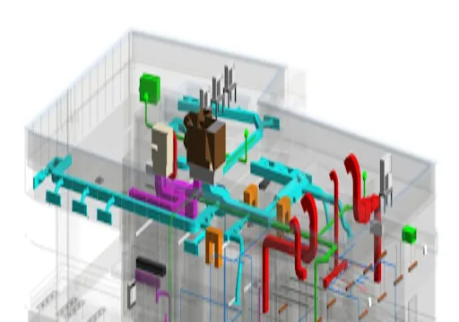 3D schematic of a building's HVAC and electrical systems with ducts and pipes in various colors.